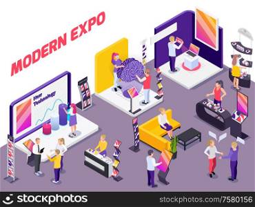 Modern innovative technology products exhibition show promotion stands with visitors assistants potential buyers isometric composition vector illustration