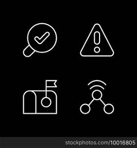 Modern interface white linear icons set for dark theme. Error message for application user. Night mode customizable thin line symbols. Isolated vector outline illustrations. Editable stroke. Modern interface white linear icons set for dark theme