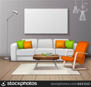 Modern Interior Colors Mockup Realistic Poster. Modern interior colors choice and furniture arrangement design realistic mockup poster with decorative pillows and armchair vector illustration