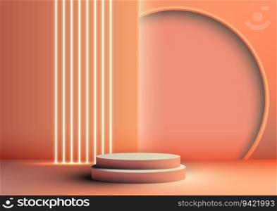 Modern interior concept featuring 3D orange podium steps standing on a soft floor. The soft orange circle background with neon lights adds an elegant touch to your product display, This vector illustration mockup showcases