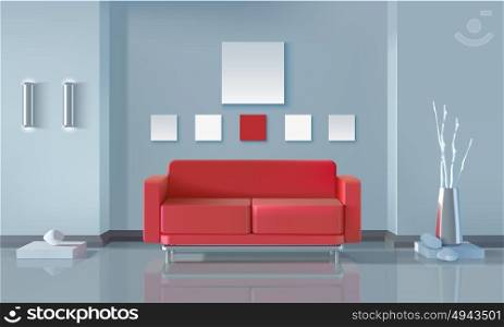 Modern Interior Design. Modern interior realistic design with red sofa lamps vase and stones vector illustration