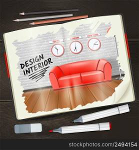 Modern interior design sketchbook with pencils highlighters and rubber realistic vector illustration . Interior Sketchbook Illustration