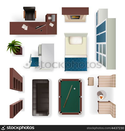 Modern Interior Elements Realistic Top View . Modern interior furniture for office living and bedroom isolated realistic objects set top view isolated vector illustration