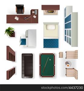 Modern Interior Elements Realistic Top View . Modern interior furniture for office living and bedroom isolated realistic objects set top view isolated vector illustration