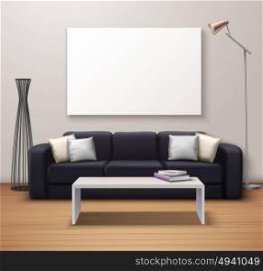 Modern Interior Mockup Realistic Poster. Modern interior design realistic mockup poster with sofa coffee table whiteboard and decorative floor vase vector illustration
