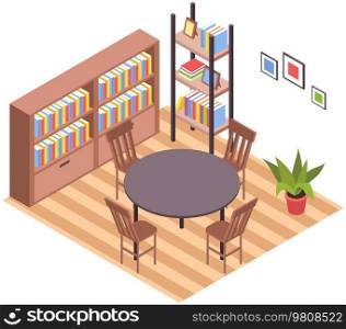 Modern interior of living room. Cosy furnished apartment. Comfy flat with bookcase, round table, chairs, bookshelf and houseplants and home decorations on white background, elements of furniture. Modern interior of living room. Cosy furnished apartment. Comfy flat with table, chairs, bookcase