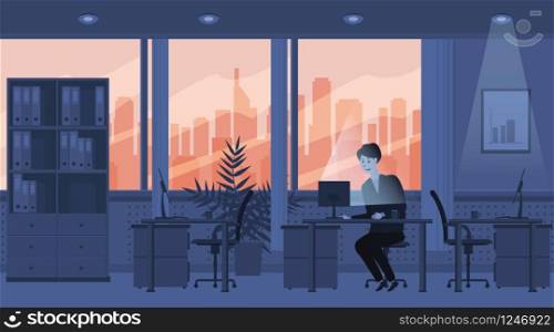 Modern interior of the office. Sunset, the character employee manager works at the computer.. Modern interior of the office. Sunset, the character employee manager works at the computer. Vector, illustration, isolated
