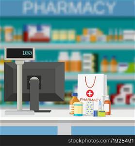 Modern interior pharmacy and drugstore. paper packet with medicine pills bottles liquids and capsules. vector illustration in flat style.. Modern interior pharmacy and drugstore.
