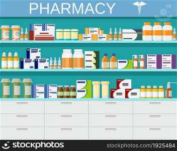 Modern interior pharmacy and drugstore. pharmacy shelves with medicine pills bottles liquids and capsules. vector illustration in flat style.. Modern interior pharmacy and drugstore.