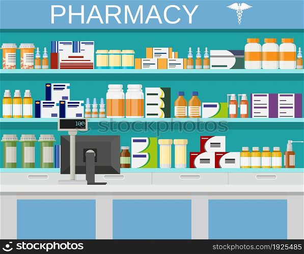 Modern interior pharmacy and drugstore. pharmacy shelves with medicine pills bottles liquids and capsules. vector illustration in flat style.. Modern interior pharmacy and drugstore.
