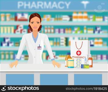 Modern interior pharmacy or drugstore. FeMale pharmacist. Shopping bag with different medical pills and bottles, healthcare and shopping. Vector illustration in flat style. Modern interior pharmacy or drugstore.
