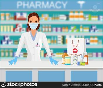 Modern interior pharmacy or drugstore. FeMale pharmacist with medical mask. Shopping bag with different medical pills and bottles, healthcare and shopping. Vector illustration in flat style. Modern interior pharmacy or drugstore.