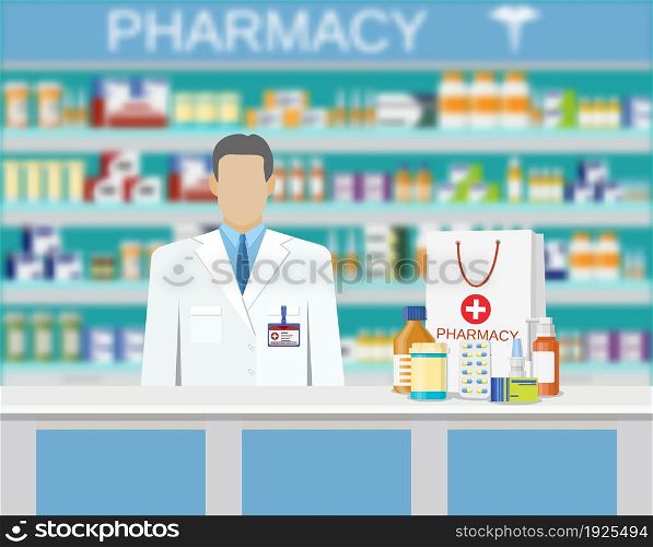 Modern interior pharmacy or drugstore. Medicine products on shelves. Male pharmacist. Shopping bag with different medical pills and bottles, healthcare and shopping. Vector illustration in flat style. Modern interior pharmacy or drugstore.
