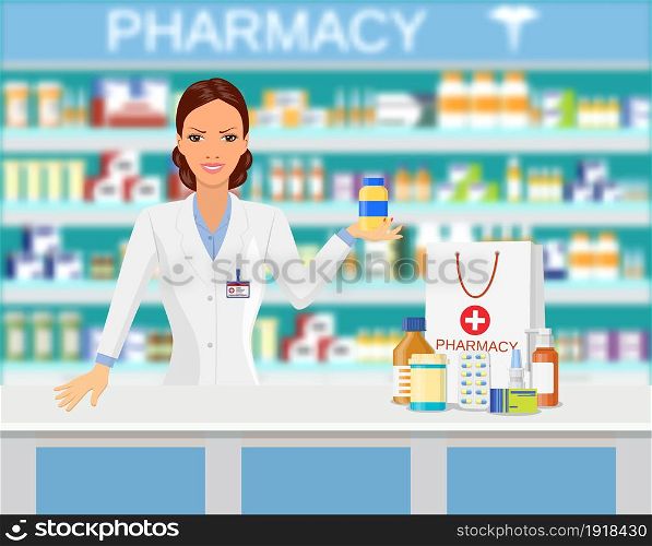 Modern interior pharmacy or drugstore. Pharmacist showing some medicine Shopping bag with different medical pills and bottles, healthcare and shopping. Vector illustration in flat style. Modern interior pharmacy or drugstore.