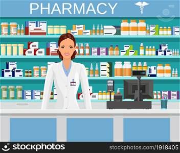 Modern interior pharmacy or drugstore with female pharmacist at the counter. Medicine pills capsules bottles vitamins and tablets. vector illustration in flat style. Modern interior pharmacy or drugstore
