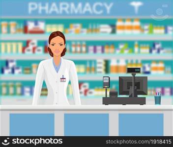 Modern interior pharmacy or drugstore with female pharmacist at the counter. Medicine pills capsules bottles vitamins and tablets. vector illustration in flat style. Modern interior pharmacy or drugstore