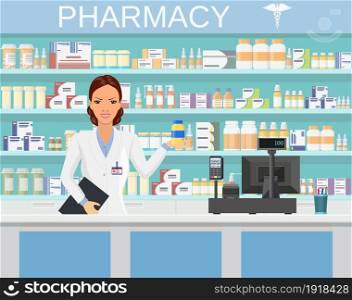 Modern interior pharmacy or drugstore with female pharmacist at the counter. Pharmacist showing some medicine. vector illustration in flat style. Modern interior pharmacy or drugstore