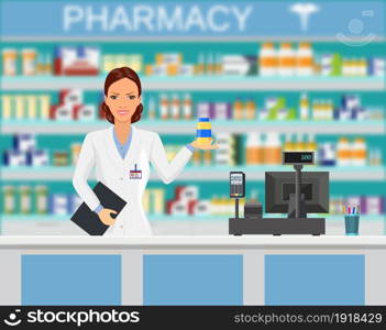 Modern interior pharmacy or drugstore with female pharmacist at the counter. Pharmacist showing some medicine. vector illustration in flat style. Modern interior pharmacy or drugstore