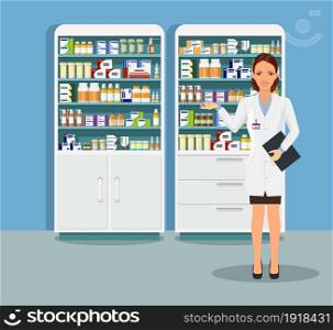 Modern interior pharmacy or drugstore with male pharmacist at the counter. Medicine pills capsules bottles vitamins and tablets. vector illustration in flat style. Modern interior pharmacy or drugstore