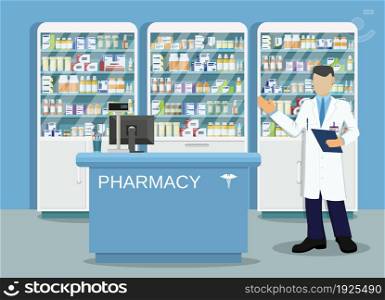 Modern interior pharmacy or drugstore with male pharmacist at the counter. Medicine pills capsules bottles vitamins and tablets. vector illustration in flat style. Modern interior pharmacy or drugstore
