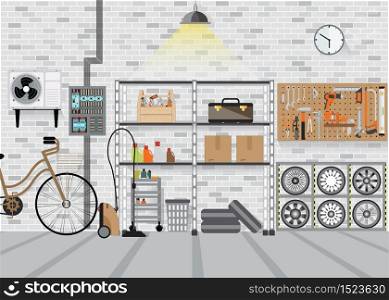 Modern interior storage room with metal shelf, storage box on the wall, flat design vector illustration.