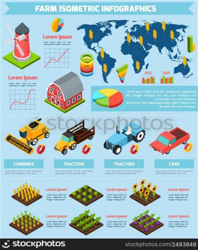 Modern international farming agricultural production facilities and equipment statistic analysis infographic report presentation abstract isometric vector illustration. Farming facilities and equipment infographic report