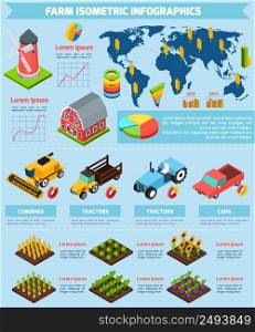 Modern international farming agricultural production facilities and equipment statistic analysis infographic report presentation abstract isometric vector illustration. Farming facilities and equipment infographic report