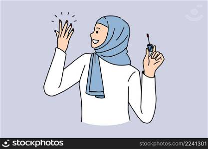 Modern Islam arabic women concept. Smiling positive arabic woman wearing traditional clothes and headwear painting her nails with polish vector illustration . Modern Islam arabic women concept