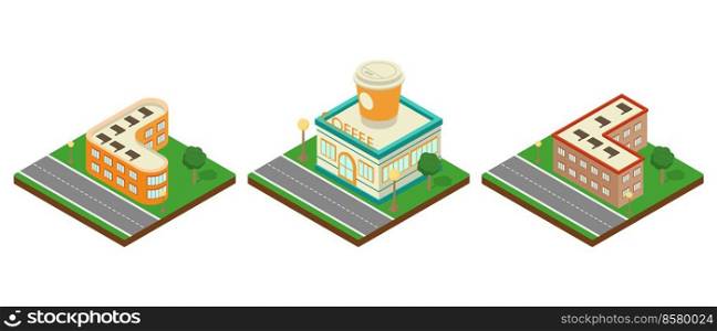 Modern isometric set buildings. Coffee shop, police, fitness center. Isometric icon or inforgraphic element. Flat vector illustration.. Modern isometric set buildings. Coffee shop, police, fitness center. Isometric icon or inforgraphic element. Flat vector illustration