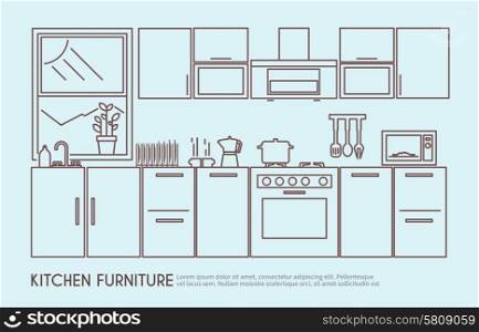 Modern kitchen furniture interior design with utensils and decor outline vector illustration. Kitchen Furniture Illustration