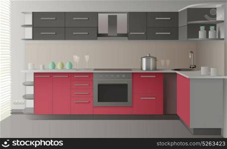 Modern Kitchen Interior. Colored and realistic modern kitchen interior with drawers shelves oven light colors vector illustration