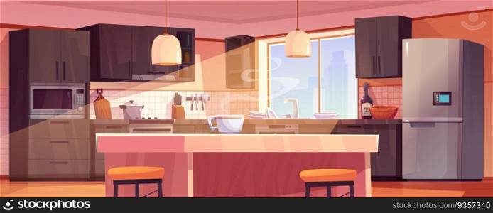 Modern kitchen interior design with furniture and tableware. Vector cartoon illustration of morning coffee cup on table, brown drawers on walls, fridge, microwave oven, sun shining through window. Modern kitchen interior design with furniture
