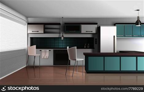 Modern kitchen interior realistic design composition with venetian shutter blinds laminated flooring fridge and cooking facilities vector illustration. Daylight Kitchen Interior Composition
