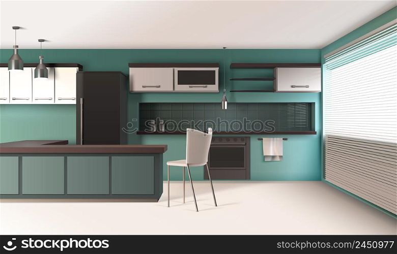 Modern kitchen interior realistic design with turquoise colored walls venetian blinds baking oven and hanging lamps vector illustration. Contemporary Kitchen Interior Composition