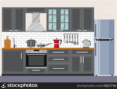 Modern kitchen interior with furniture and cooking devices. graphic design template. Working surface for cooking. vector illustration in flat design. Modern kitchen interior
