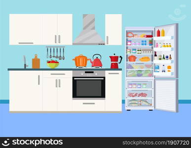 Modern kitchen interior with furniture and cooking devices. graphic design template. Working surface for cooking. vector illustration in flat design. Modern kitchen interior