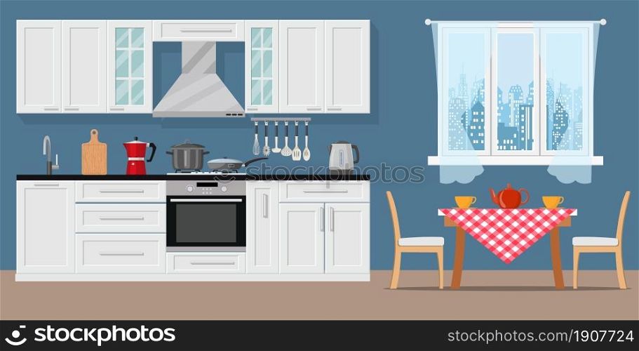 Modern kitchen interior with furniture and cooking devices. graphic design template. Working surface for cooking. vector illustration in flat design. Modern kitchen interior