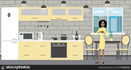 Modern kitchen interior with furniture on a brick wall background,window and table,beauty african american woman with cup of coffee,flat vector illustration. Modern kitchen interior with furniture on a brick wall backgroun