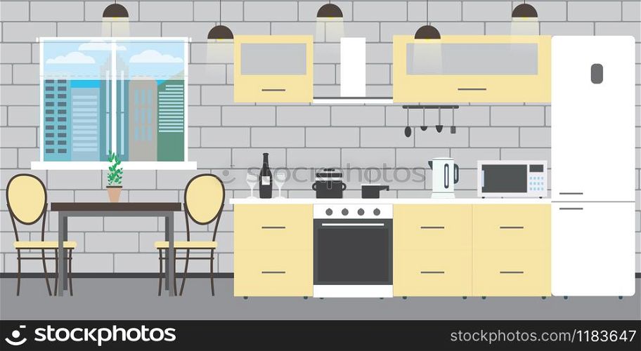 Modern kitchen interior with furniture on a brick wall background,window and table,flat vector illustration. Modern kitchen interior with furniture on a brick wall backgroun