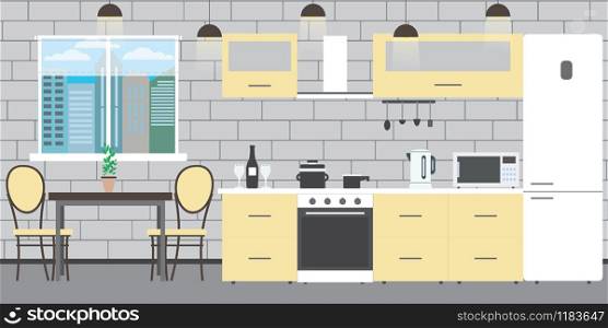 Modern kitchen interior with furniture on a brick wall background,window and table,flat vector illustration. Modern kitchen interior with furniture on a brick wall backgroun
