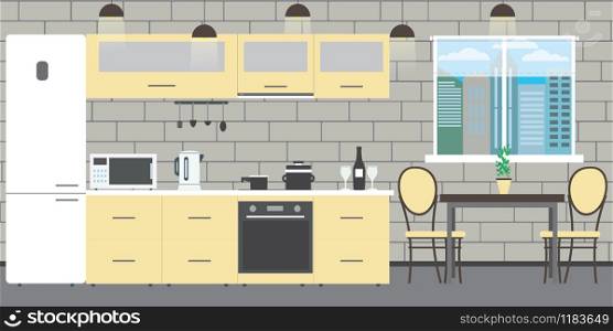 Modern kitchen interior with furniture on a brick wall background,window and table,flat vector illustration.. Modern kitchen interior with furniture on a brick wall backgroun
