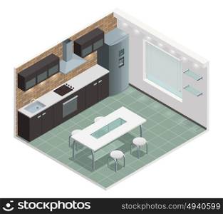 Modern Kitchen Isometric View Image. Modern family kitchen isometric view with counter built in oven and european style cabinets vector illustration