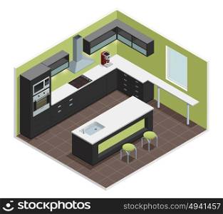 Modern Kitchen Isometric View Image. Modern kitchen interior isometric view with counter stove range cooker oven shelves refrigerator and cabinets vector illustration