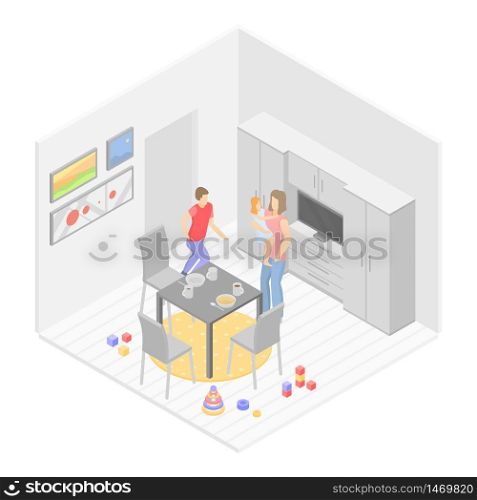 Modern kitchen room icon. Isometric of modern kitchen room vector icon for web design isolated on white background. Modern kitchen room icon, isometric style