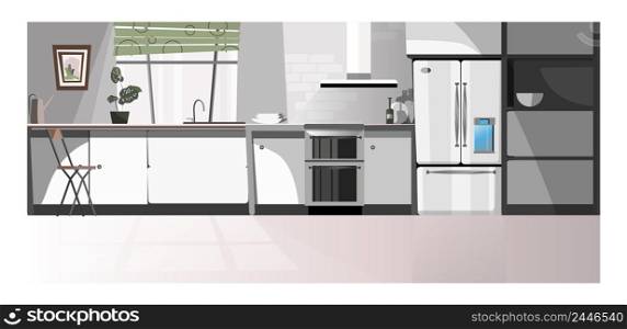 Modern kitchen room with appliances vector illustration. Gray domestic kitchen area with counter, fridge, oven and window. Interior illustration