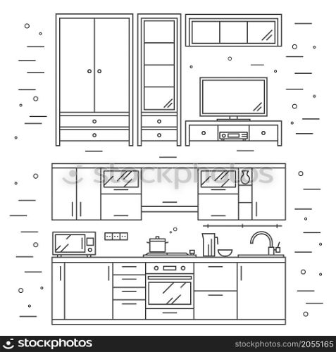 Modern kitchen wall and living room interior. For web design, banner, flyer, mobile and application interface, also useful for infographics. Thin line icon vector illustration isolated on white background.. Modern kitchen wall and living room interior.