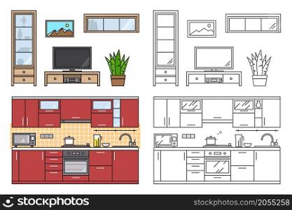 Modern kitchen wall and living room interior. For web design, banner, flyer, mobile and application interface, also useful for infographics. Thin line icon vector illustration isolated on white background.. Modern kitchen wall and living room interior.