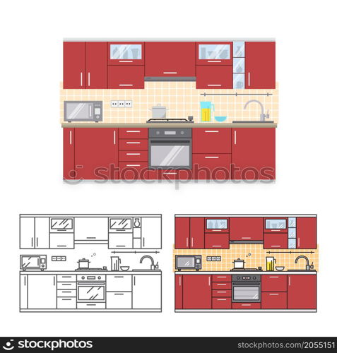 Modern kitchen wall interior. For web design, banner, flyer, mobile and application interface, also useful for infographics. Flat style vector illustration isolated on white background.. Modern kitchen wall interior.