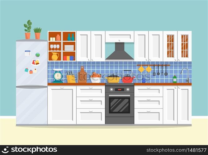 Modern kitchen with furniture. Cozy kitchen interior with stove, cupboard, dishes and fridge. Flat style vector illustration.