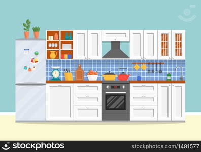 Modern kitchen with furniture. Cozy kitchen interior with stove, cupboard, dishes and fridge. Flat style vector illustration.